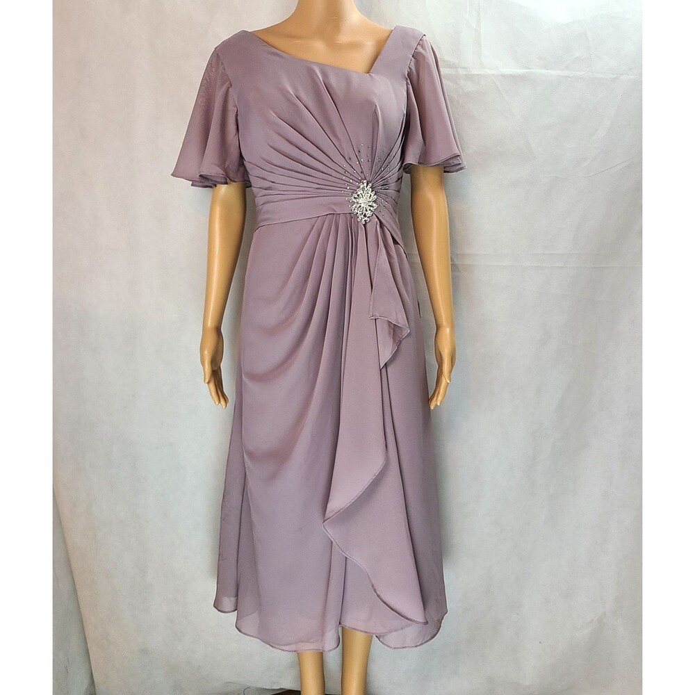New Mother of the Bride (8) Lilac Chiffon Flutter Sleeve Asymmetrical Midi Dress